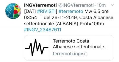 Terremoto di magnitudo 6.5 in Albania.